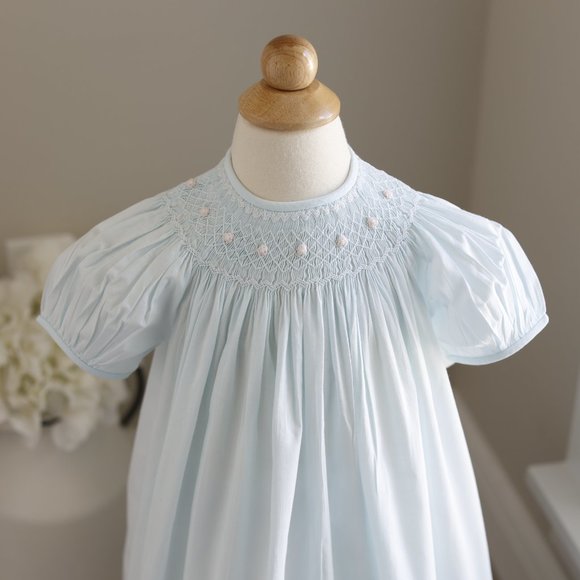 Smocked Dress Strasburg Aqua Blue Hand-Embroidery Size 18/24 Months 100% Cotton - Picture 4 of 6